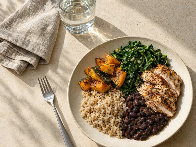 Prato com arroz, feijão, legumes, folhas e frango sobre uma mesa clara; composição ilustrativa